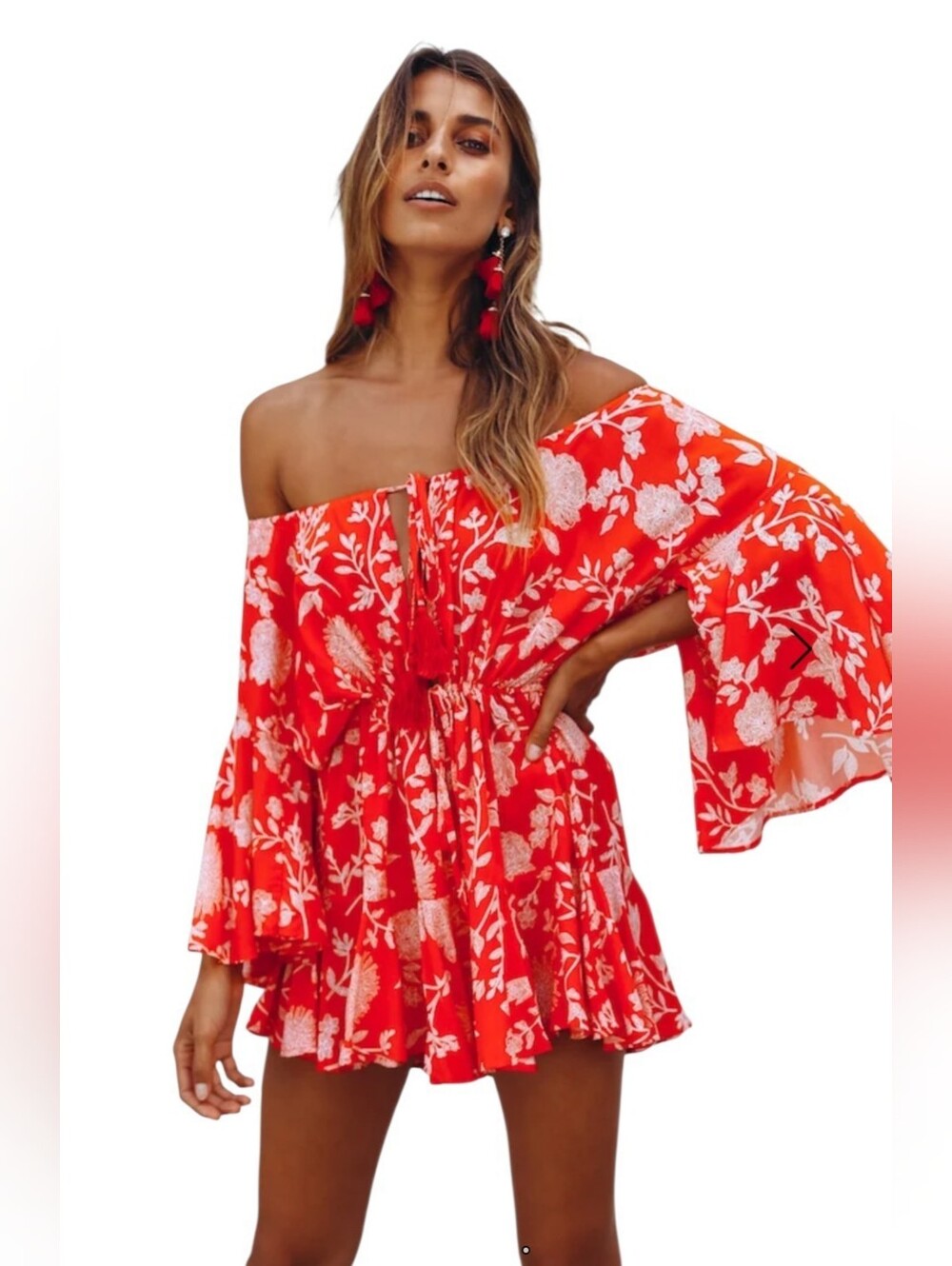 Hello Molly Made In The Aftermath Red Floral Bell Sleeve Romper XS